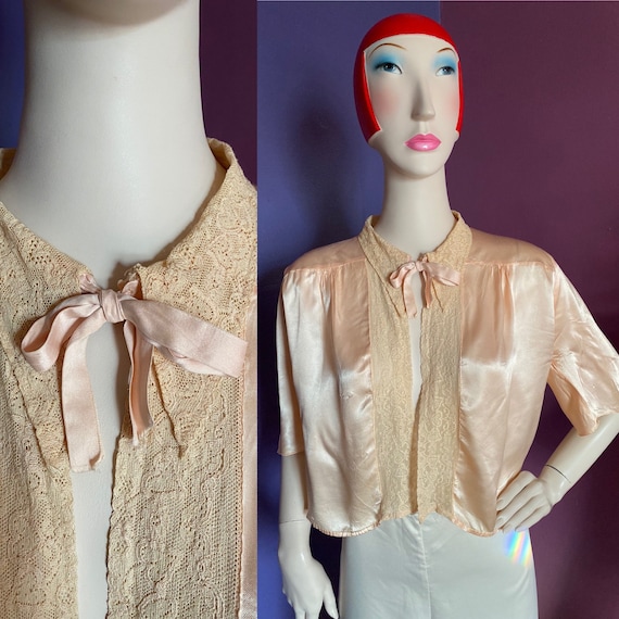 1930s Silk Satin Bed Jacket XS S - image 1