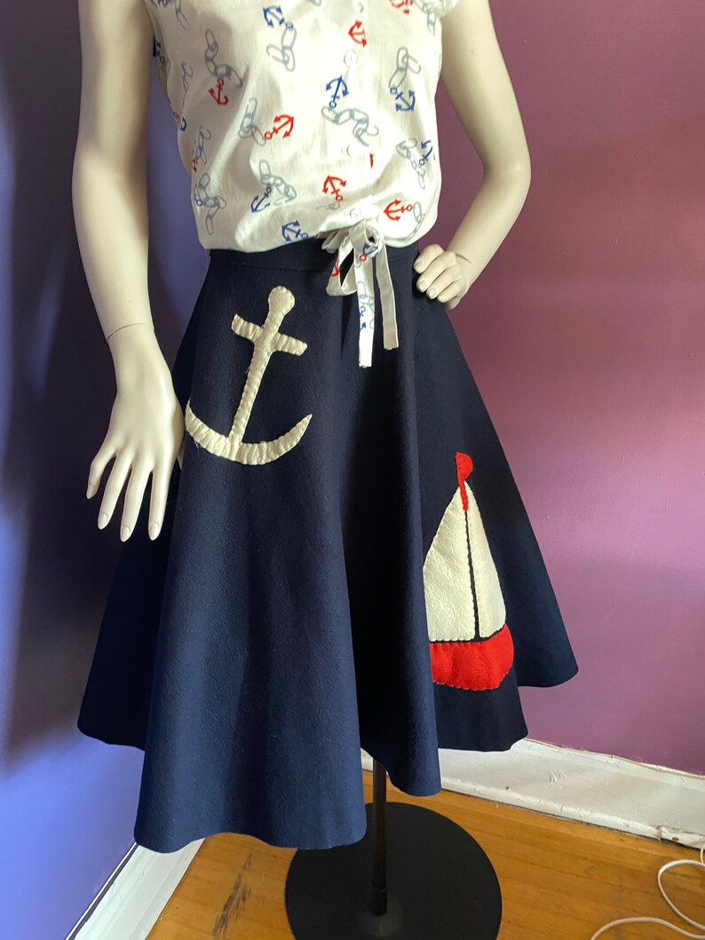 Vintage 1950s Novelty Nautical Felt Skirt Sailboat and Anchor Etsy
