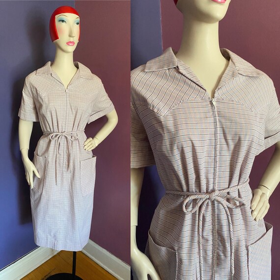 Vintage 1960s Zip Front Plaid Western Dress XXL Vo