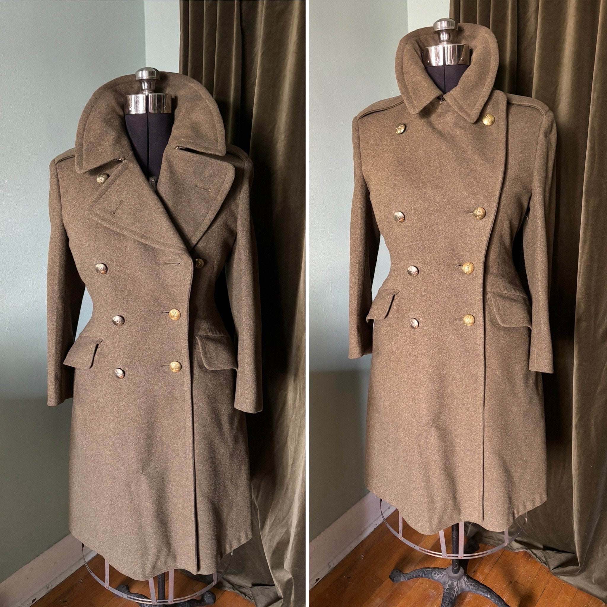 1940s 1950s WWII Officer's Greatcoat Overcoat Double Breasted Wool