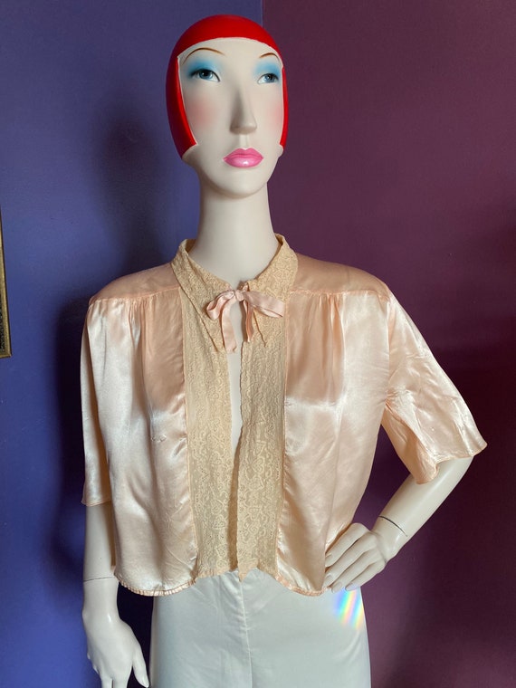 1930s Silk Satin Bed Jacket XS S - image 2