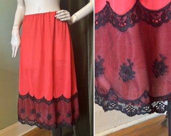 Vintage 1950s Slip Skirt Half Slip Red and Black Lace L XL