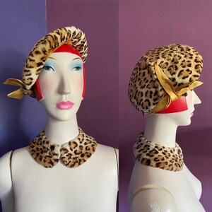 1950s Leopard Print Rabbit Fur Hat and Collar Set