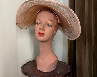 50s Wide Brim Straw Hat with Rhinestones and Tulle