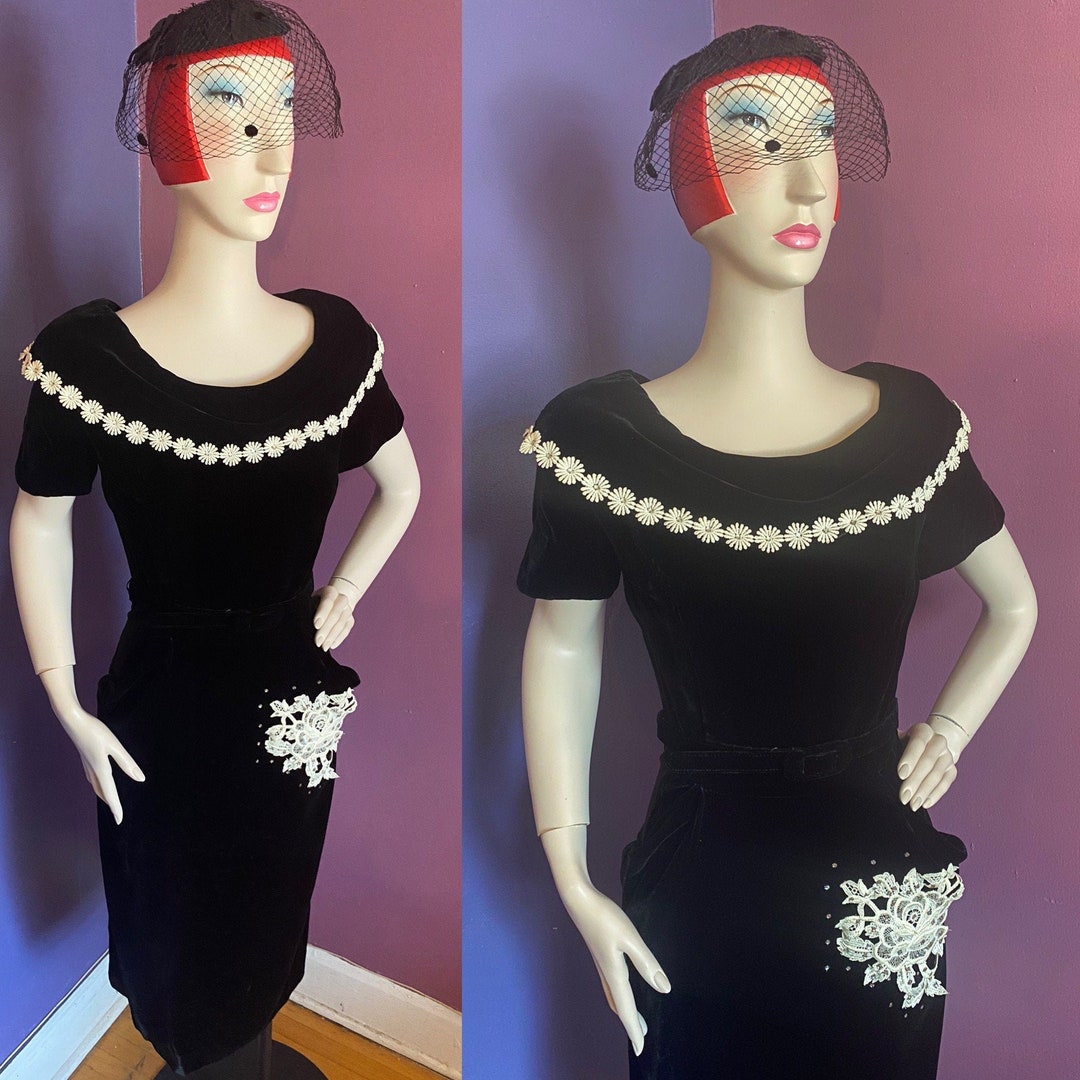 1950s Black Velvet Wiggle Dress with Gold Trim Collar