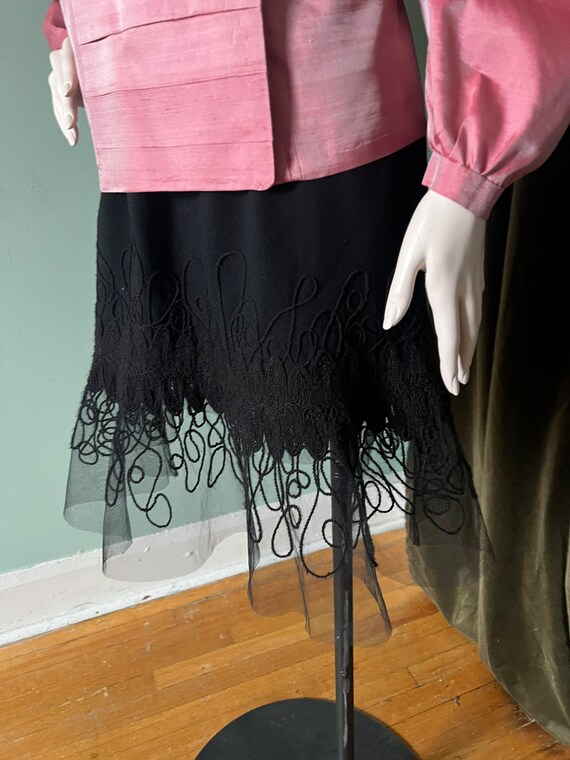 90s Black Embroidered Flared Mini Skirt Mermaid M… - image 6