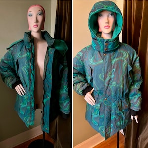 1980er Wintermantel Parka Daunenmantel Petrol Marmor Muster XL XXL