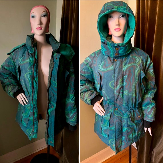 1980er Wintermantel Parka Daunenmantel Petrol Marmor Muster XL XXL
