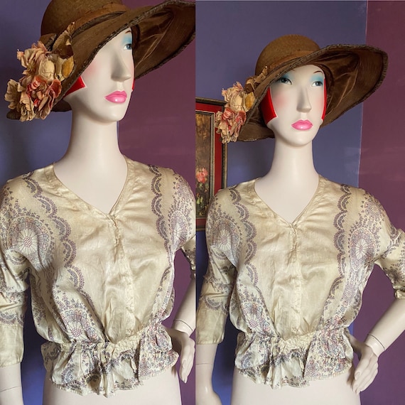 Vintage Edwardian 1910 Printed Silk Blouse XS - image 1