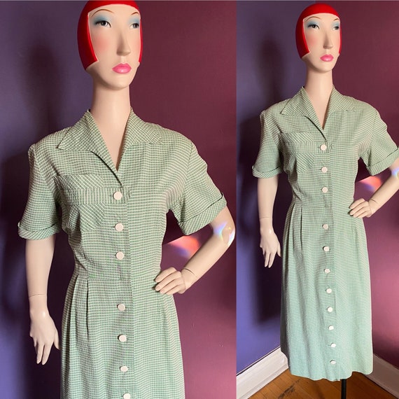 Vintage 1940s Seersucker Shirtwaist Dress L XL Vol
