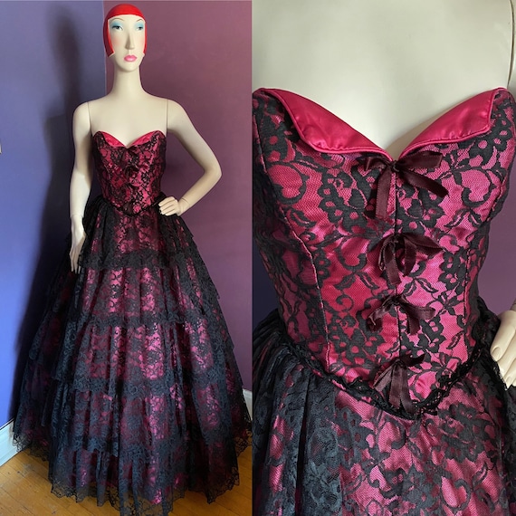 Vintage 1980s Black and Pink Lace Gown XS S