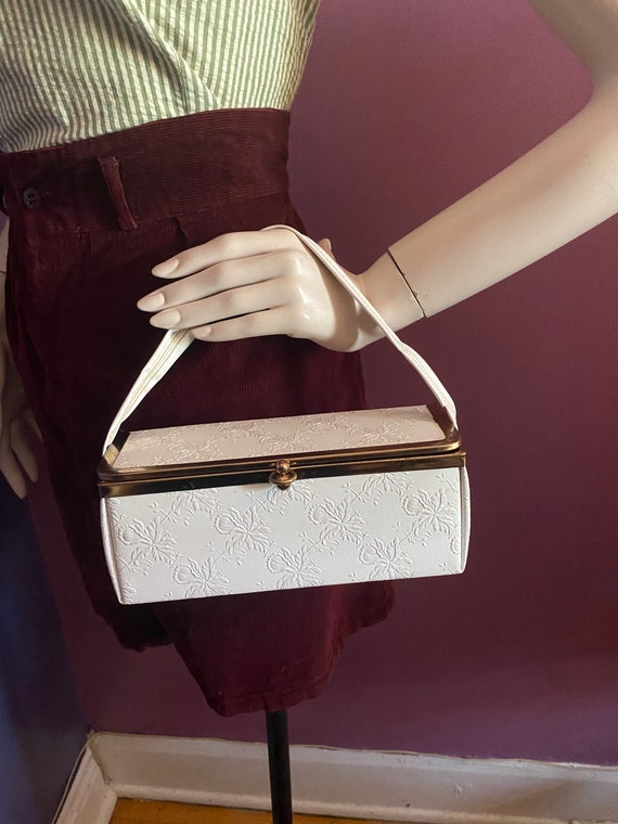 Vintage 1950s White Floral Vinyl Box Purse