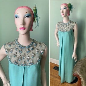 1960s Mermaid Beaded Seashell Couture Designer Gown Roger Frères S M