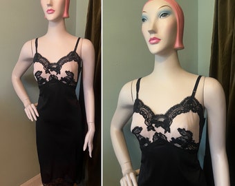 Vintage 1950s Black and Pink Slip Dress S
