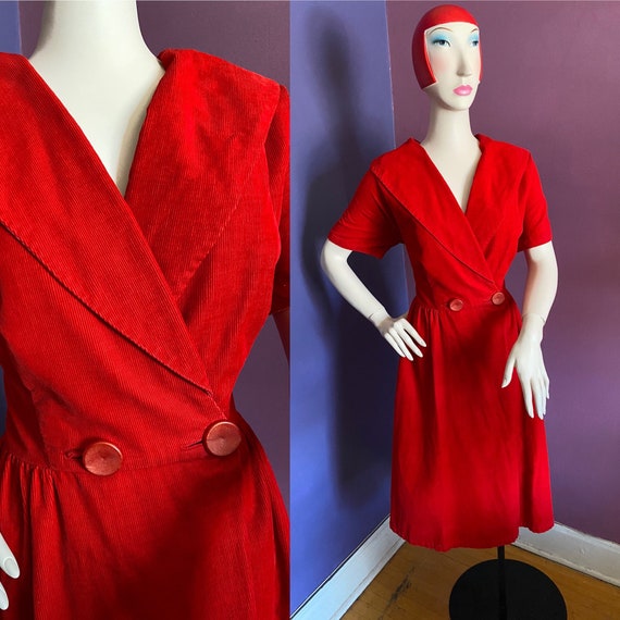 Vintage 1950s Volup Red Corduroy Dress XL
