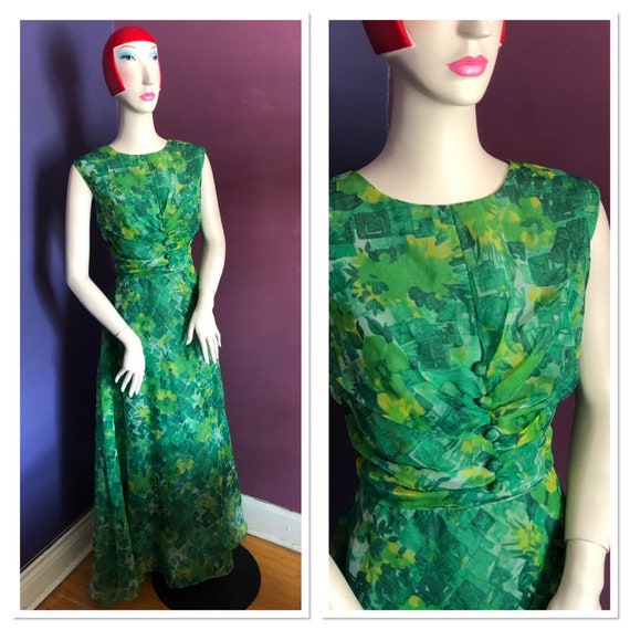 Vintage 1970s Emerald Floral Print Chiffon Maxi Dr