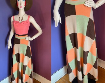 1970s Knit Maxi Skirt cottagecore Checkerboard Print M