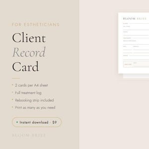 May include: A client record card for estheticians. The design includes a title, "Client Record Card", and details such as "2 cards per A4 sheet" and "Full treatment log". The card is white with a beige background.