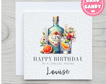 Personalised Gin Lover Birthday Card, G&T, Custom Name for Friend Sister Mum Wife