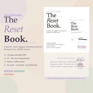 Może przedstawiać: Cyfrowe pobranie zatytułowane "The Reset Book" o minimalistycznym designie. Okładka zawiera tytuł pogrubioną czcionką, z podtytułem opisującym go jako planer sprzątania dla mózgów ADHD. Zawiera 30-stronicowy plik PDF i pasuje do segregatora 6-pierścieniowego.