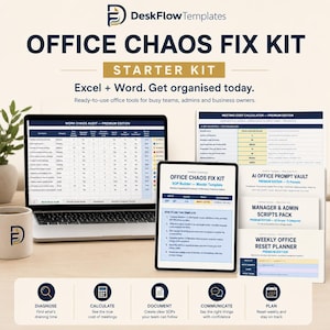 May include: An office productivity kit with the text "OFFICE CHAOS FIX KIT" and "STARTER KIT". The image shows a laptop, tablet, and printed documents. The kit includes tools for auditing, calculating, documenting, communicating, and planning office tasks.