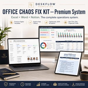 May include: An office productivity suite, the "Office Chaos Fix Kit - Premium System," is displayed on a laptop, monitor, and tablet. The kit includes templates for Excel, Word, and Notion, with dashboards and SOPs. The image also shows a notebook and a coffee cup.