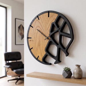 Abstrakte geometrische Wanduhr aus Holz | Mid Century moderne Eiche Uhr | Einzigartiges großes Statement Stück | Zeitgenössische Wandkunst | Einweihungsparty Gi