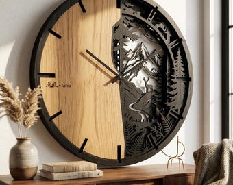 Orologio 3D con cervo di montagna e quercia / Decorazione murale a tema natura e foresta, di grandi dimensioni