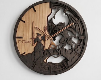 3D Lotr Gandalf and Balrog Wall Clock | Moria Wooden Art | Premium Oak Wall Decor for Gaming Room | Unique Geek & Movie Lover Gift | Large