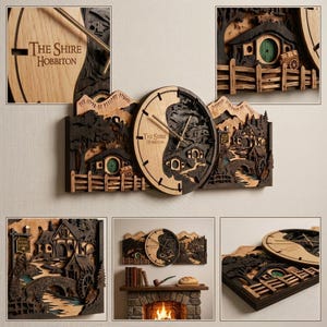 May include: A multi-layered wooden wall clock featuring a landscape of The Shire, Hobbiton. The clock face is light wood with dark wood accents, displaying the text The Shire Hobbiton. Intricate cutouts show houses, a bridge, and a water wheel.