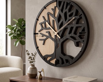 Orologio da parete 3D Albero della Vita in Quercia / Grande decorazione murale in legno / Decorazione albero genealogico ispirata alla natura / Regalo unico per inaugurazione casa e matrimonio / Dimensioni extra large