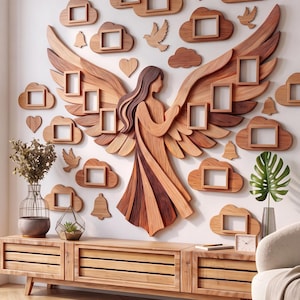 Arbre généalogique décoratif, Ange de la famille en bois avec cadres photo, Grand autocollant mural Ange de la Vie, Cadres photo collage, Décoration murale avec cadre photo