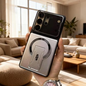 Puede incluir: Una funda rectangular para smartphone con un módulo de cámara negro con múltiples lentes circulares y un panel trasero metálico plateado. La funda incluye un anillo magnético circular integrado con un soporte plegable centrado.