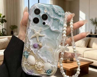 Seashell Starfish iPhone Case with Wavy Edge and Lanyard