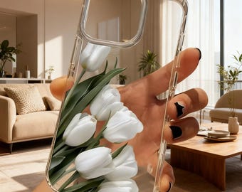 White Tulip Clear iPhone Case – Floral Soft Silicone Cover (iPhone 11-17)