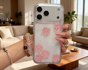 Pink Cherry Blossom Glitter Phone Case for iPhone – Clear Floral Bling Cover