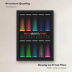 May include: A framed 70x50cm poster featuring Formula 1 team branding with vertical light streaks in various colors, a central red banner with the text LIGHTS OUT, LEGENDS LIVE!, and a series of small white circuit track outlines on a black background.