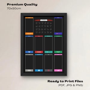 May include: A framed Formula One poster measuring 70x50cm featuring a central grid of race track outlines. The design includes ten vertical rectangular sections with team logos and colors, including McLaren, Red Bull, Williams, Ferrari, and Mercedes.