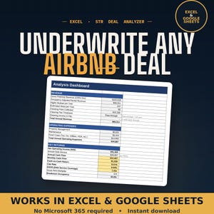 Hoja de cálculo de Airbnb para Google Sheets y Excel / Analizador de operaciones de alquileres vacacionales / Calculadora de flujo de caja, tasa de capitalización y DSCR (descarga digital)
