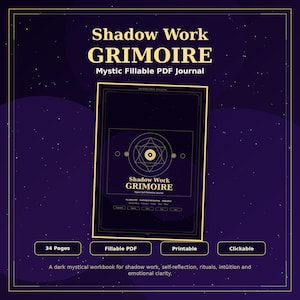 Könnte beinhalten: Ein digitales Arbeitsbuch mit dem Titel "Shadow Work Grimoire" mit einem dunkelvioletten Hintergrund und goldenen Akzenten. Das Cover zeigt geometrische Designs und den Text "Mystic Fillable PDF Journal". Enthält 34 Seiten, ist ausfüllbar, druckbar und anklickbar.