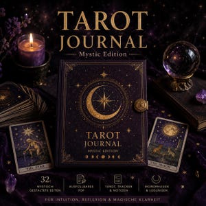 Könnte beinhalten: Ein dunkelvioletter Tarot-Journal mit goldenen Buchstaben und einem Halbmond-Design. Das Journal ist von Tarotkarten, einer brennenden Kerze und einer Kristallkugel umgeben. Der Text auf dem Journal lautet "Tarot Journal Mystic Edition".
