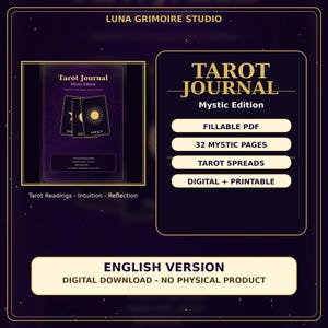 Könnte beinhalten: Ein digitales Tarot-Journal, Mystic Edition, in Dunkelviolett und Gold. Das Cover zeigt Tarotkarten mit Sonnen- und Mondillustrationen. Enthält 32 mystische Seiten, Tarot-Spreads und ist ein ausfüllbares PDF. Der Text lautet "English Version, Digital Download - No Physical Product."