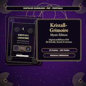 Könnte beinhalten: Digitaler Download PDF druckbar. Das Bild zeigt eine dunkelviolette digitale Datei mit dem Text "Kristall-Grimoire Mystic Edition". Die Datei enthält Abschnitte für Kristalle, Rituale und Notizen. Die Datei hat 26 Seiten und 183 Felder.