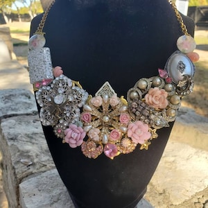 Handmade Repurposed Statement Bib Metal Necklace pink gold tone roses vintage unique one-of-a-kind broken jewelry earrings brooches Upcycled
