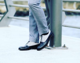 Handmade Two-Tone Leather Spectator Oxford Shoes | Men's Brogue Wingtip Formal Footwear