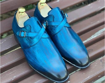 Handmade Blue Patent Leather Monk Strap Shoes | Men's Dress Footwear