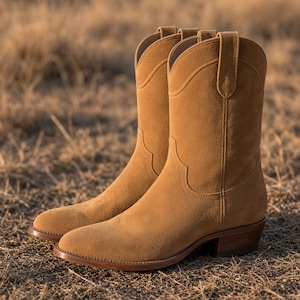 May include: A pair of tan suede leather boots featuring a mid-calf height, rounded toes, and stacked wooden heels. The boots have pull tabs at the top of the shafts and decorative stitching along the sides and front, with a smooth leather sole.