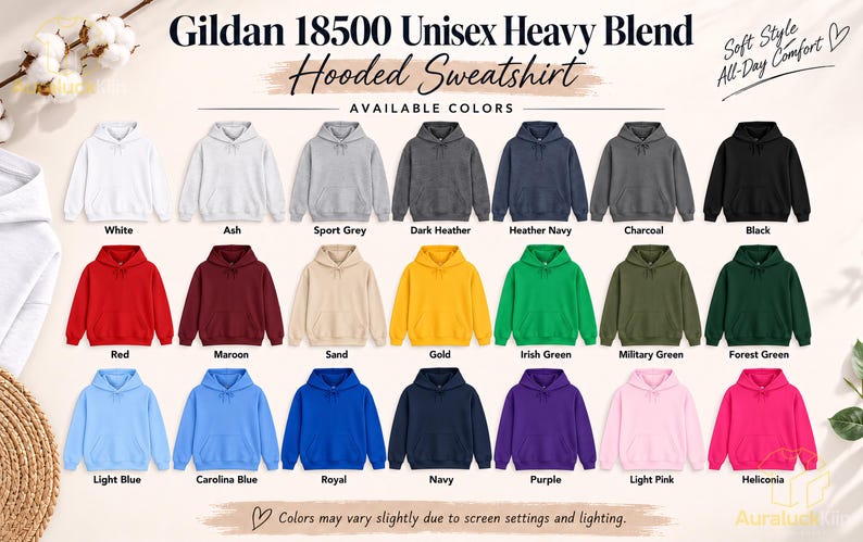 Puede incluir: Una carta de colores de sudaderas con capucha Gildan 18500 Unisex Heavy Blend que muestra veintiuna variaciones, incluyendo blanco, ceniza, gris deportivo, brezo oscuro, azul marino jaspeado, carb&oacute;n, negro, rojo, granate, arena, oro, verde irland&eacute;s, verde militar, verde bosque, azul claro, azul carolina, real, azul marino, morado, rosa claro y heliconia.