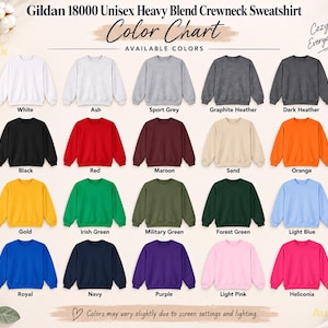 Puede incluir: Una carta de colores para sudaderas Gildan 18000 unisex heavy blend de cuello redondo que muestra veinte opciones de color diferentes, incluyendo blanco, ceniza, gris deportivo, gris grafito, gris oscuro, negro, rojo, granate, arena, naranja, oro, verde irland&eacute;s, verde militar, verde bosque, azul claro, real, marino, morado, rosa claro y heliconia.