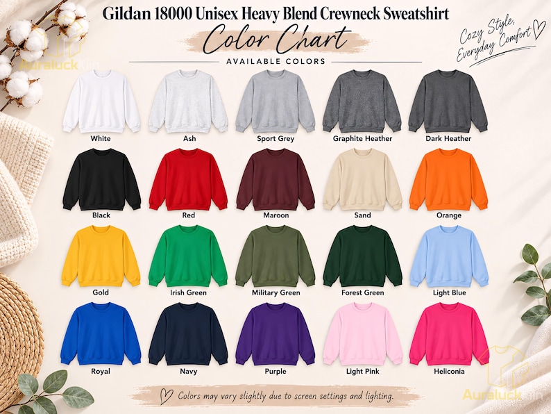 Puede incluir: Una carta de colores para sudaderas Gildan 18000 unisex heavy blend de cuello redondo que muestra veinte opciones de color diferentes, incluyendo blanco, ceniza, gris deportivo, gris grafito, gris oscuro, negro, rojo, granate, arena, naranja, oro, verde irland&eacute;s, verde militar, verde bosque, azul claro, real, marino, morado, rosa claro y heliconia.